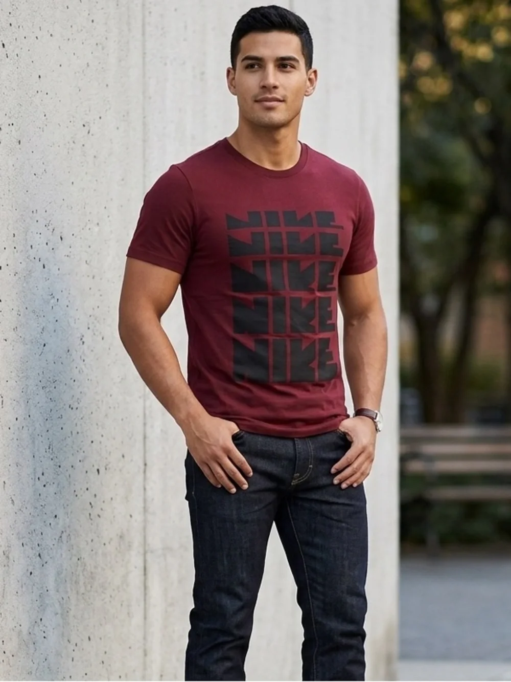 Nike Men's Graphic Short Sleeve T-shirt Maroon/Burgundy Stacked Block Text Logo